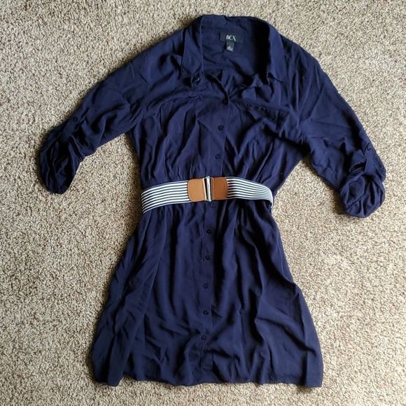 BCX Navy Blue Mini Dress with Tan Belt - Picture 1 of 3
